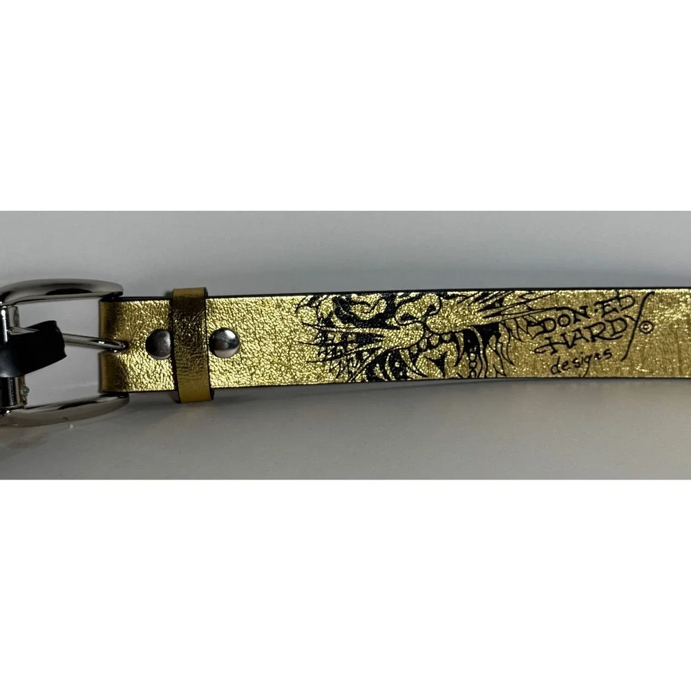Ed Hardy Mens Gold Metallic Tattoo Print Belt Tiger Skull Snake Size 36 Y2K